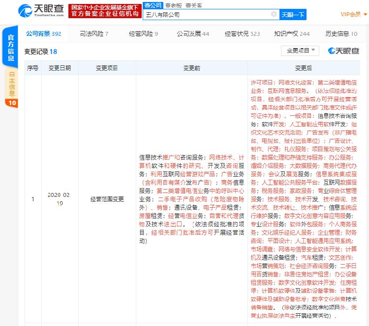 58同城全資子公司經營范圍發生變更,新增人工智能應用軟件開發